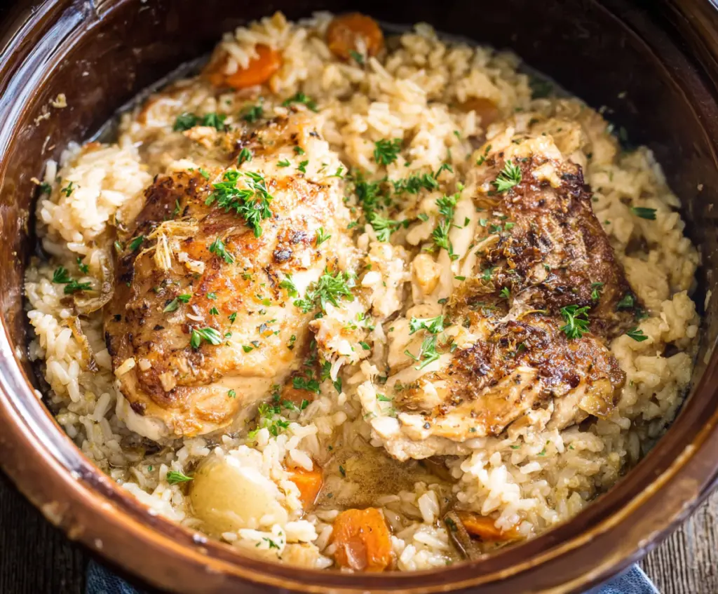 Delicious crock pot chicken and rice meal in a slow cooker with steam rising