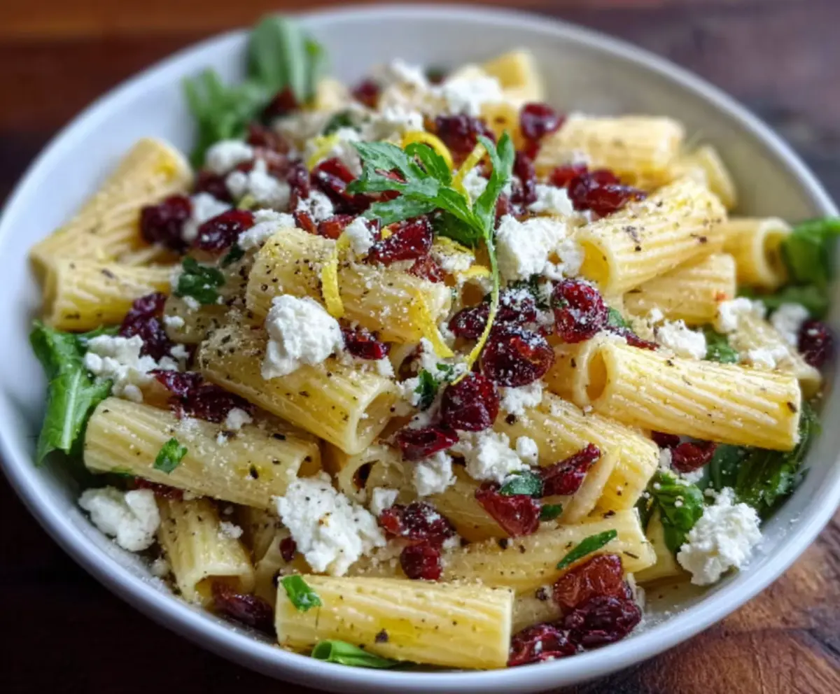 Feta and cranberry rigatoni salad garnished with fresh herbs and served with lemon vinaigrette.