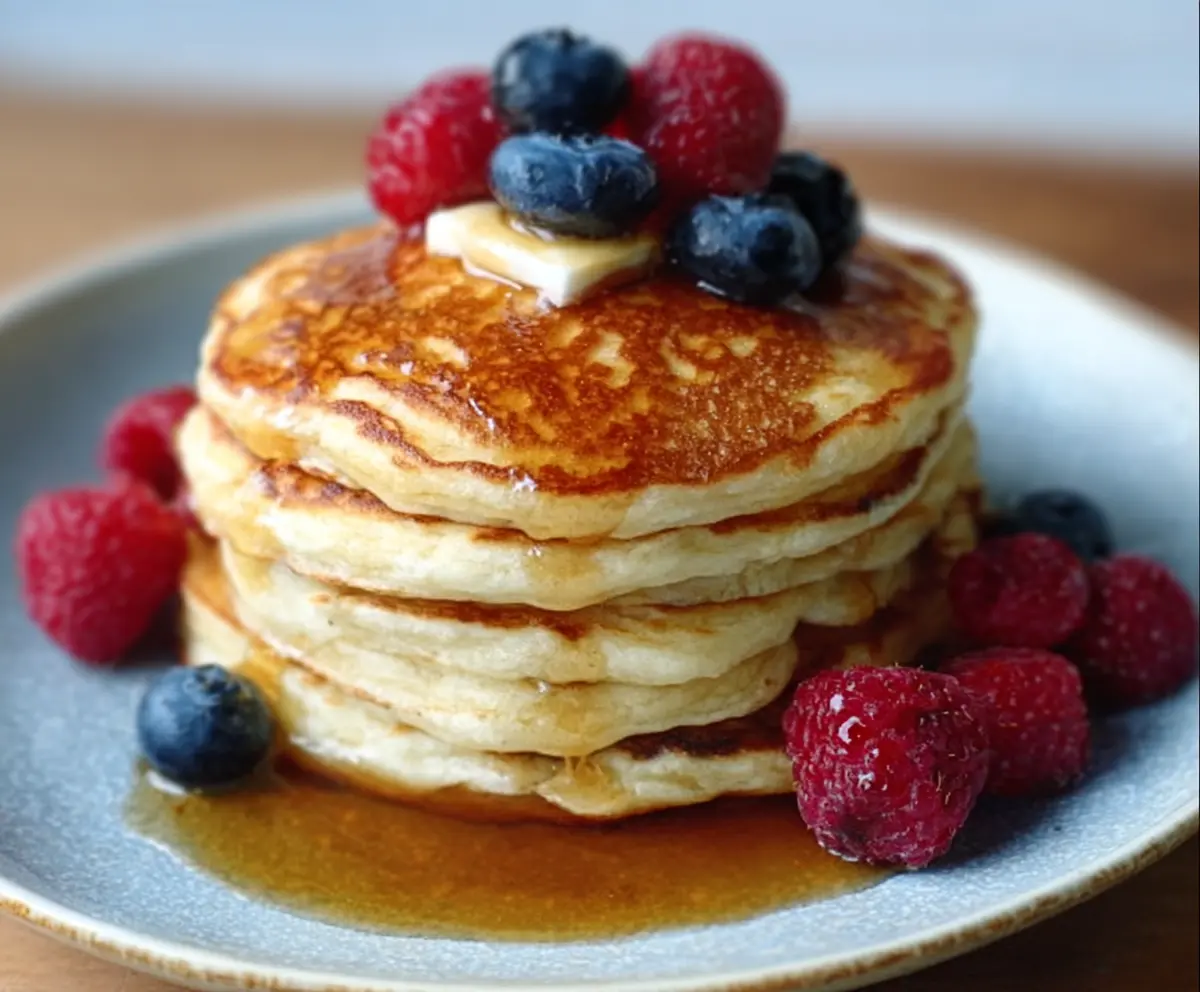 Delicious fluffy sourdough discard pancakes topped with fresh berries and syrup.