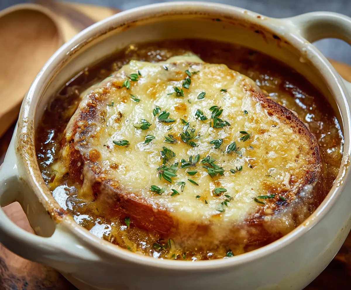 Delicious French Onion Soup topped with melted cheese and crispy bread croutons in a rustic bowl.
