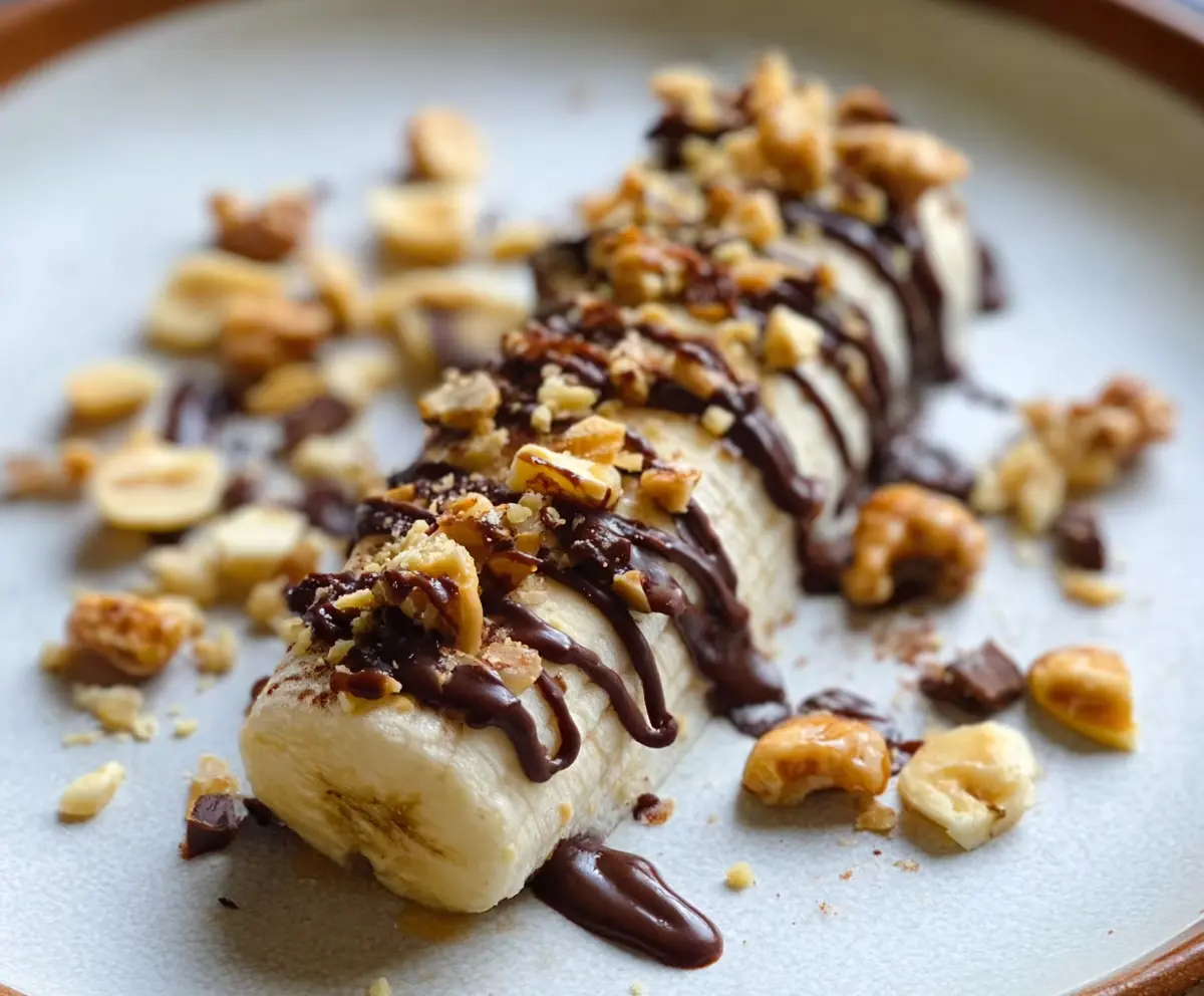 Delicious Frozen Banana Snickers dessert with chocolate, caramel, and banana slices.