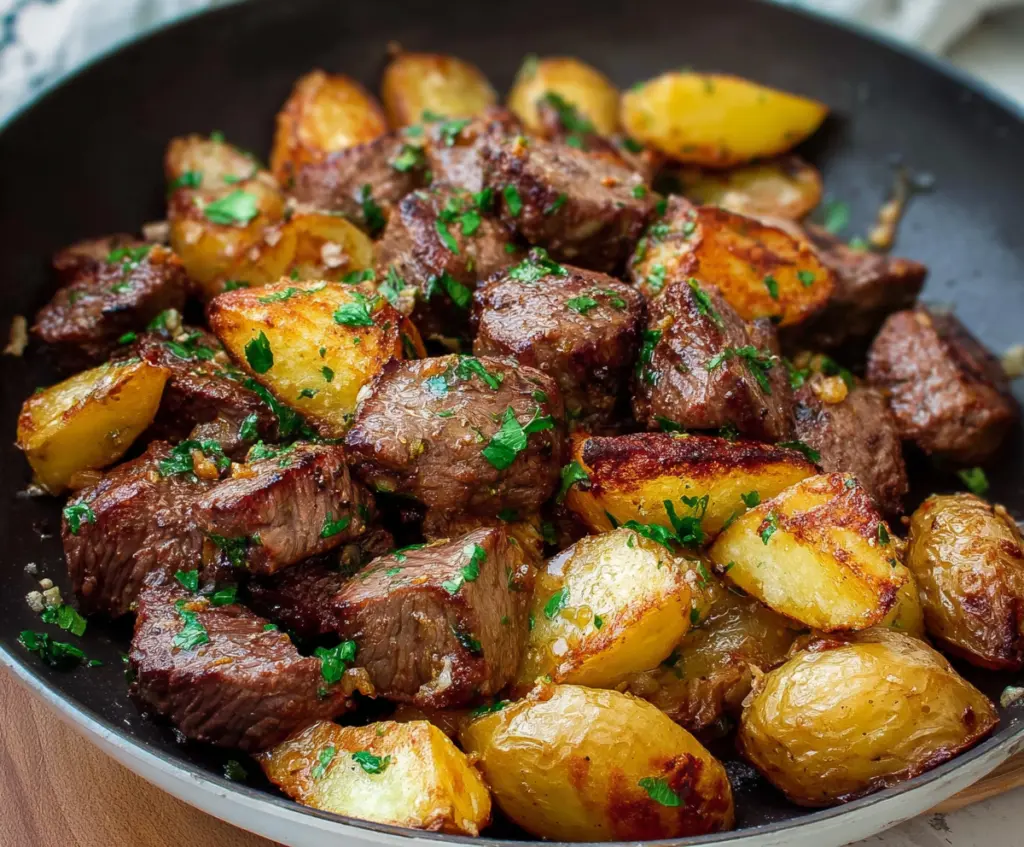 Delicious garlic butter steak bites served with crispy golden potatoes, perfect for a savory meal.