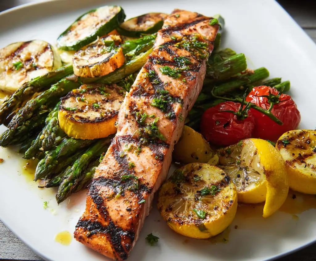 Delicious grilled salmon served with roasted vegetables on a plate, perfect for a healthy meal.