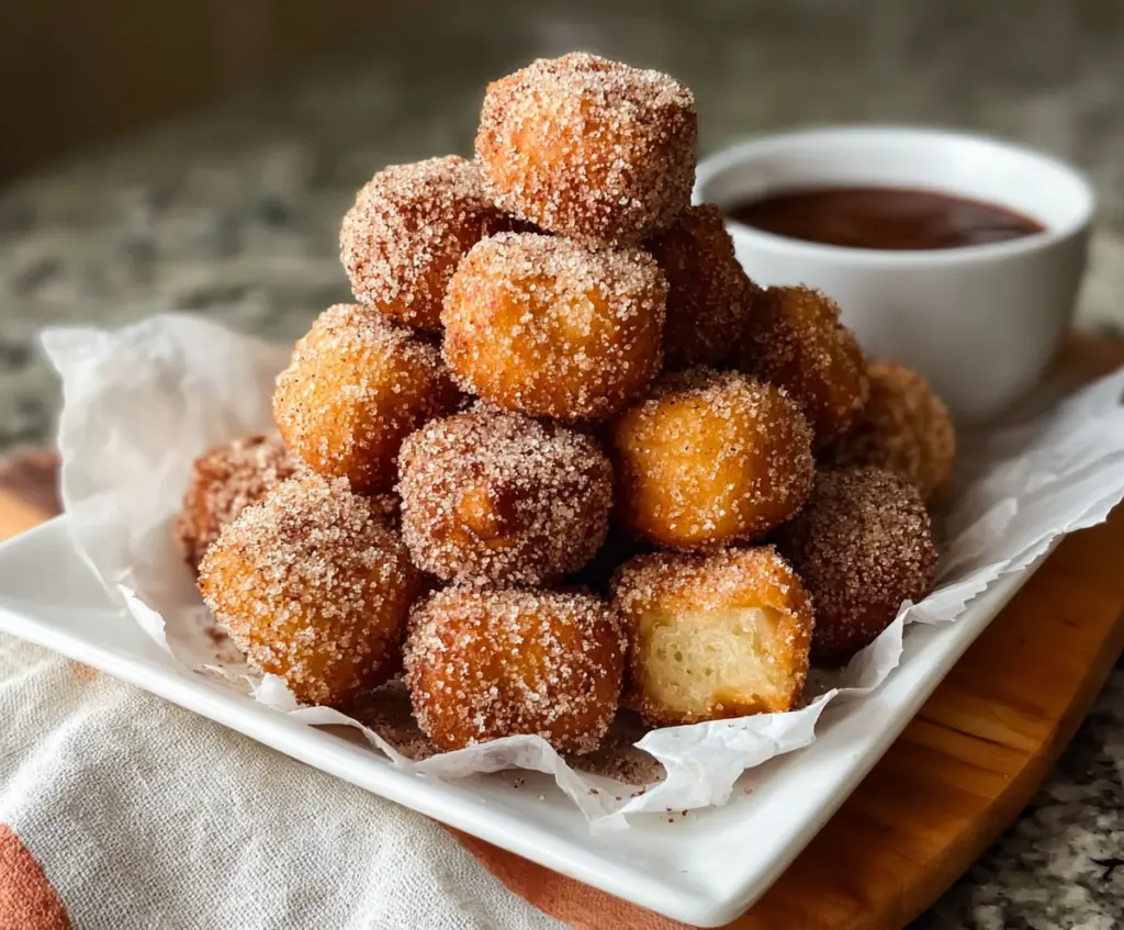 Delicious healthy air fryer churro bites with cinnamon sugar coating on a plate.