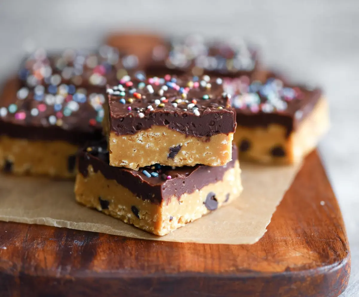 Healthy no bake cookie dough bars on a plate, featuring oats, chocolate chips, and peanut butter for a nutritious snack.