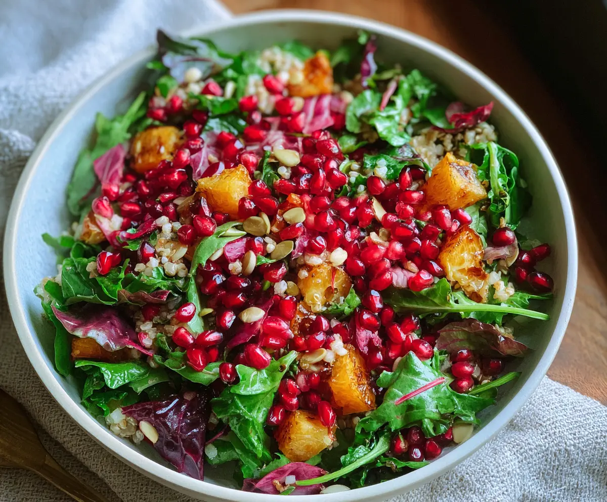 Vibrant winter salad with fresh greens and pomegranate seeds, healthy and colorful