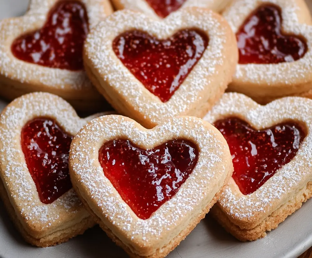 Delicious Heart Jam Cookies with vibrant red jam filling and golden biscuit crust, perfect for Valentine's Day treats.