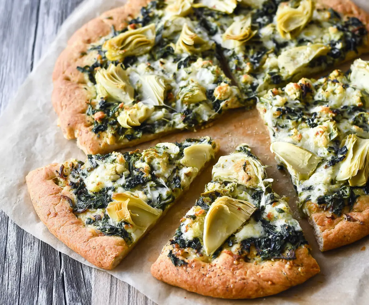 High Protein Spinach Artichoke Pizza