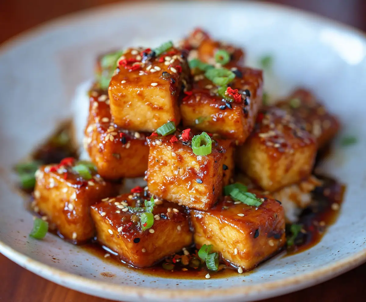 Delicious honey garlic tofu served with steamed vegetables on a plate.