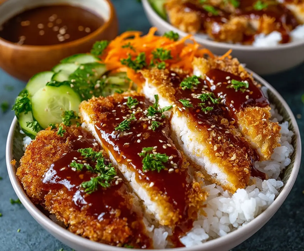 Delicious Japanese Katsu Bowl topped with crispy breaded pork and rich Tonkatsu sauce served over rice.