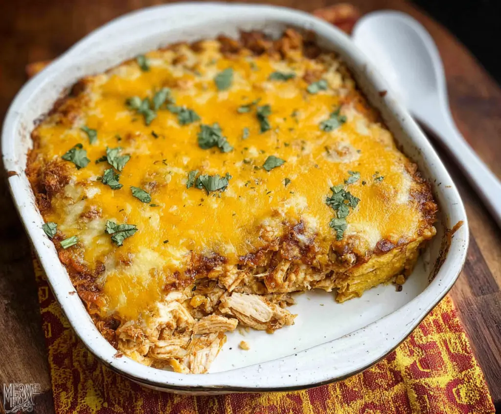 Delicious Keto Mexican Chicken Casserole with melted cheese and seasoned chicken in a baking dish.