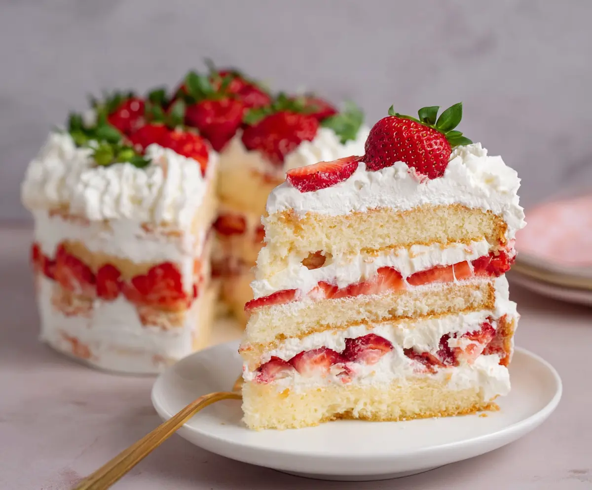 Delicious layered strawberry shortcake cake with fresh strawberries and whipped cream on top.