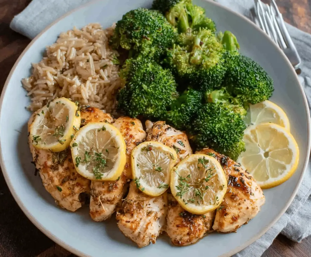 Juicy lemon garlic chicken served with fresh steamed broccoli on a white plate.