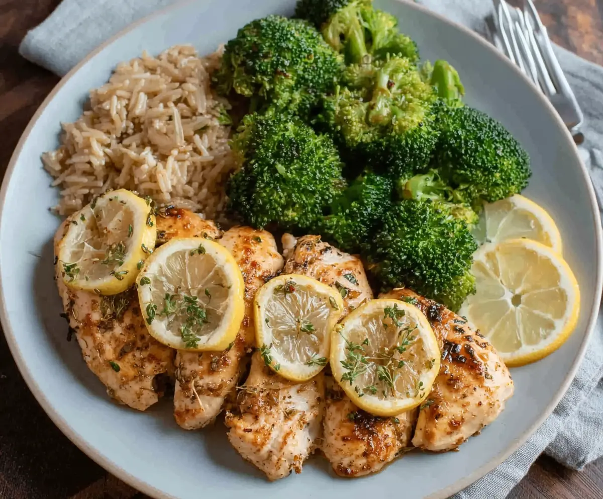 Juicy lemon garlic chicken served with fresh steamed broccoli on a white plate.