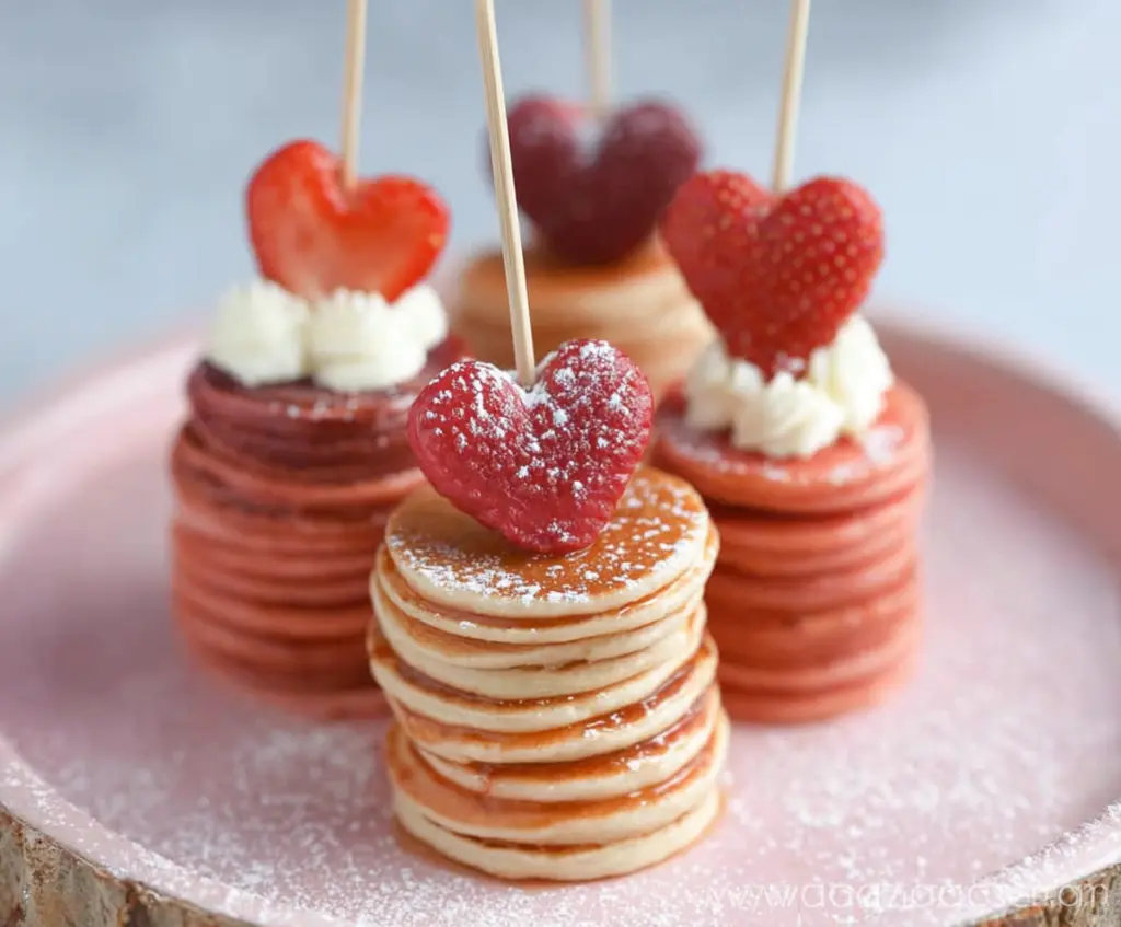 Delicious mini heart-shaped pancake stacks topped with syrup and berries for a sweet breakfast treat.