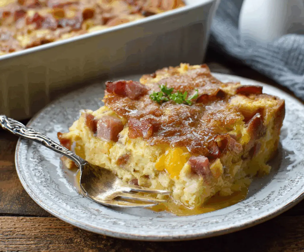 Delicious Monte Cristo Breakfast Casserole with melted cheese and crispy edges, perfect for family brunch.