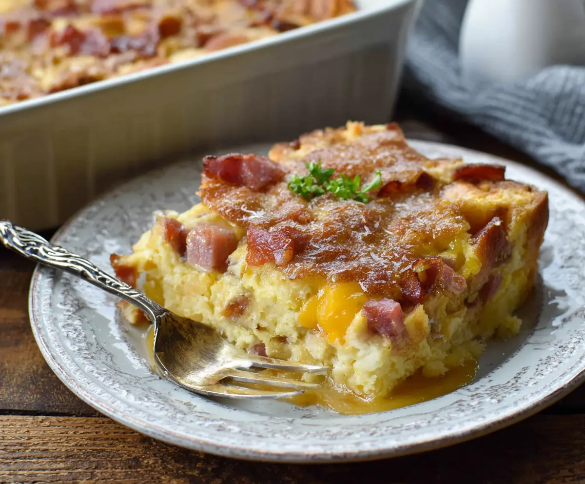 Delicious Monte Cristo Breakfast Casserole with melted cheese and crispy edges, perfect for family brunch.