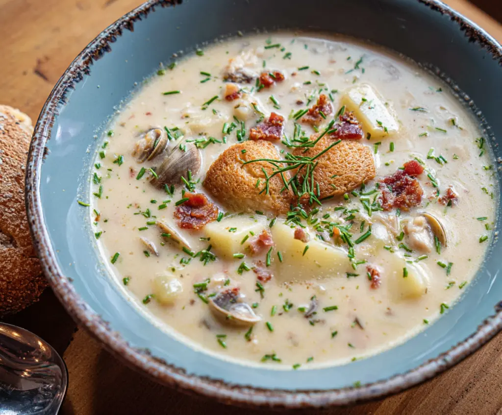 Creamy New England Clam Chowder served in a bowl with fresh herbs and crusty bread