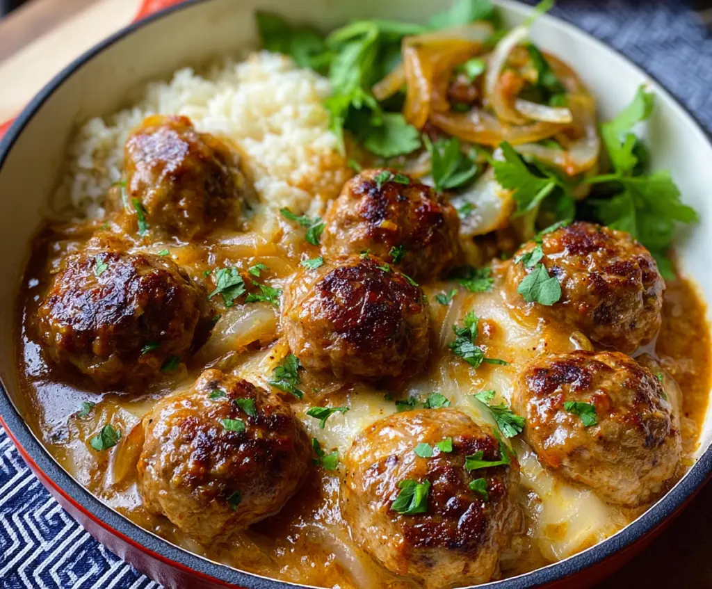 Delicious onion meatballs served with savory onion sauce on a plate.