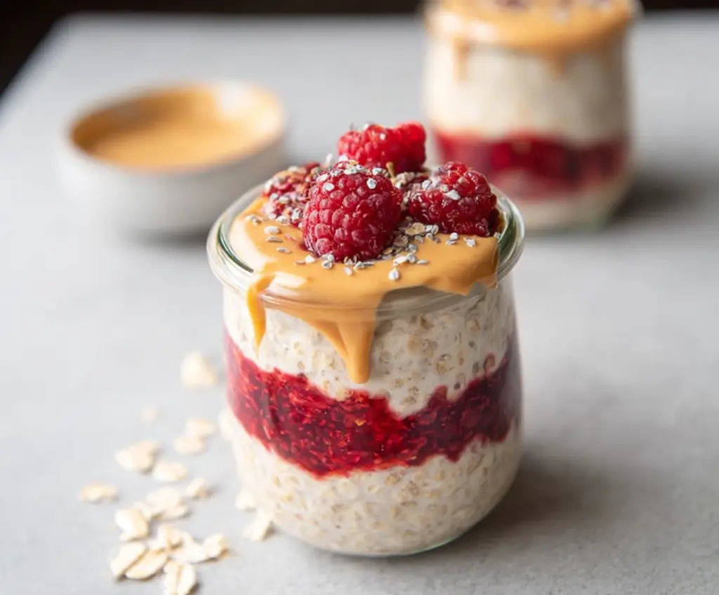 Creamy peanut butter and fruity jelly layered in overnight oats for a delicious breakfast.