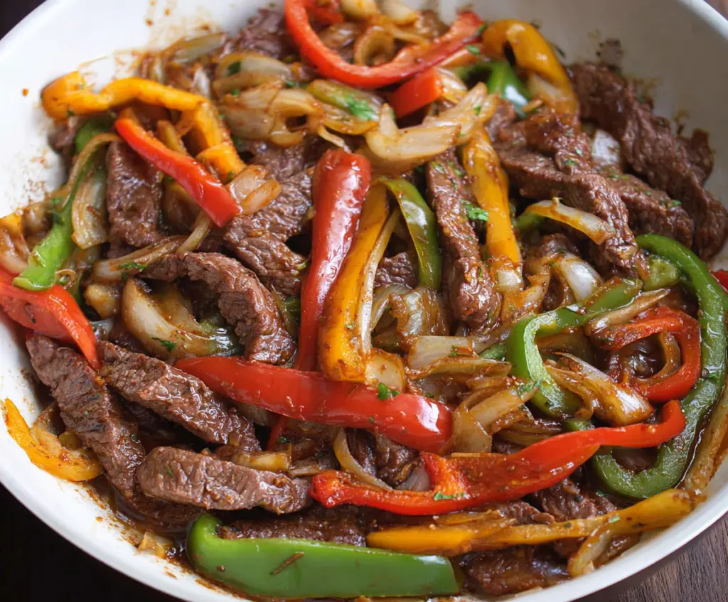 Delicious pepper steak with colorful bell peppers and onions on a plate