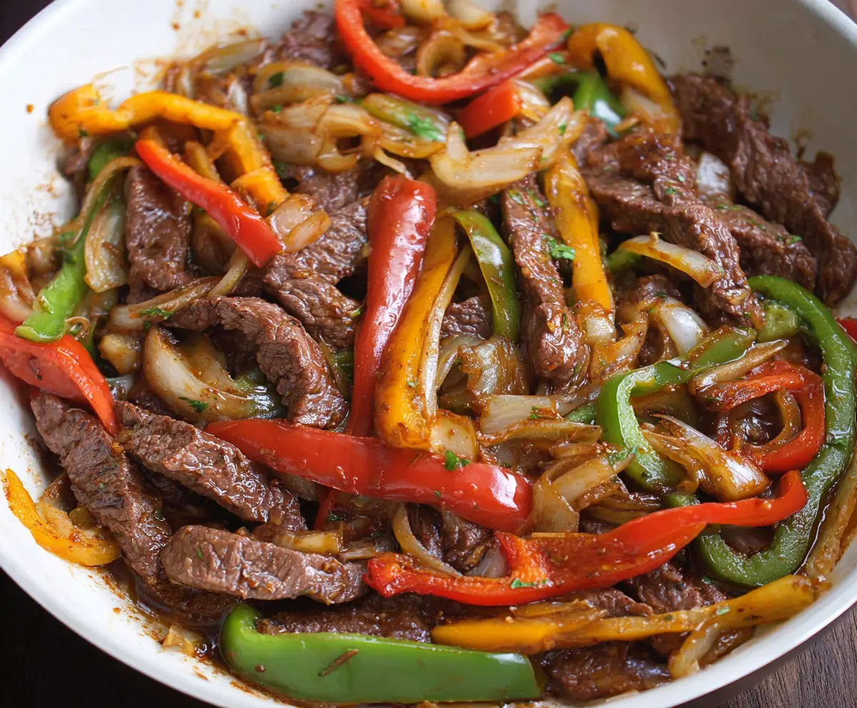 Delicious pepper steak with colorful bell peppers and onions on a plate
