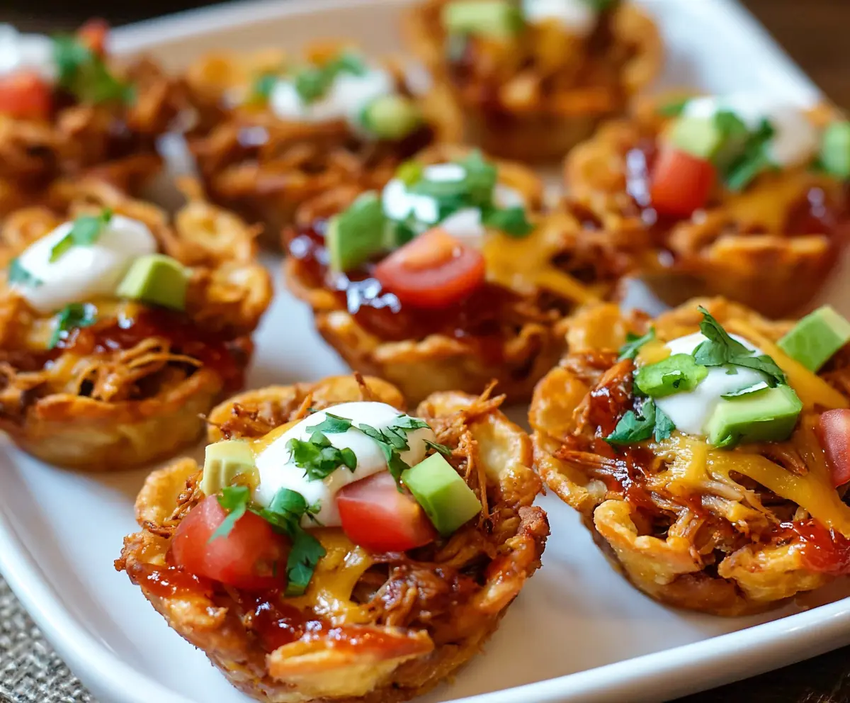 Delicious Pulled Pork Nacho Cups topped with melted cheese and fresh toppings, perfect for parties.