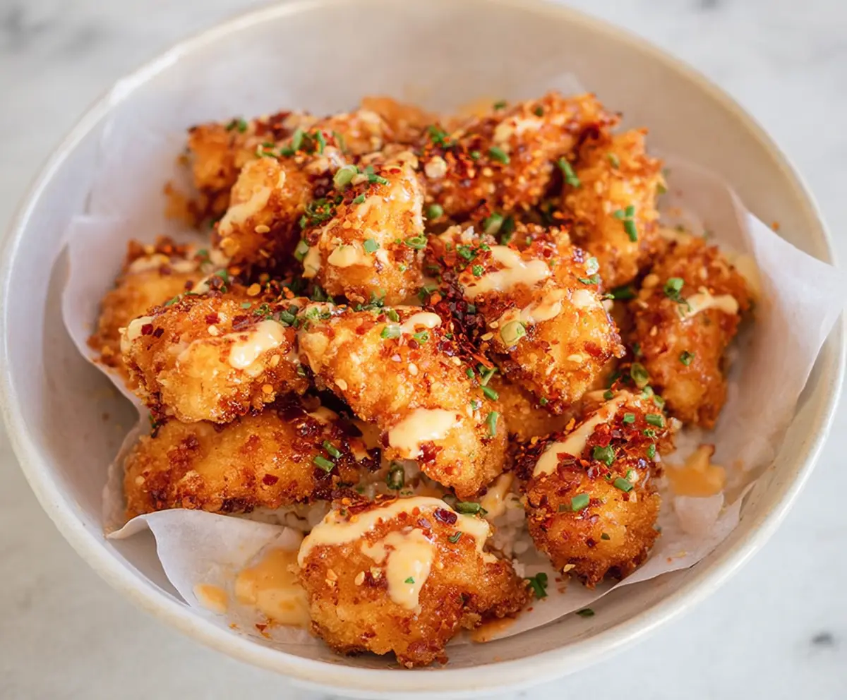 Crispy Air Fryer Bang Bang Chicken coated in spicy mayonnaise served on a white plate.