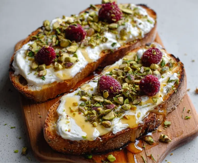 Raspberry Ricotta Toasts with Honey And Pistachios
