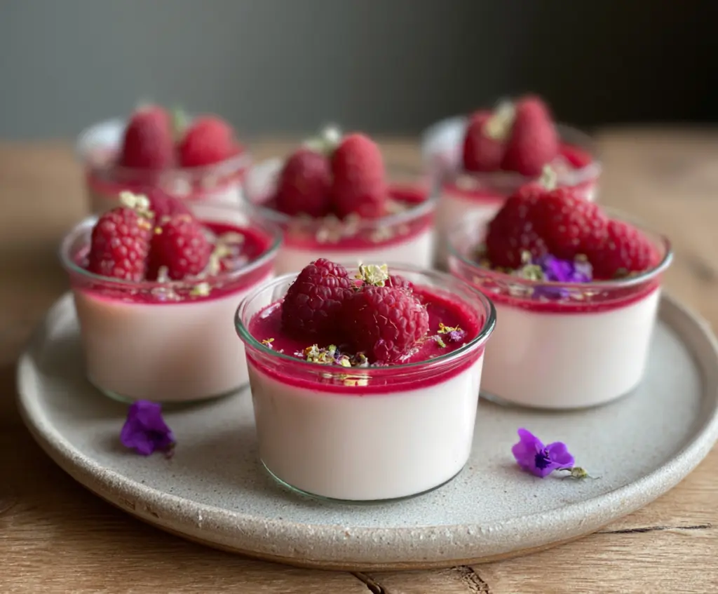 Elegant Raspberry Rose Panna Cotta cups garnished with fresh raspberries and edible rose petals.