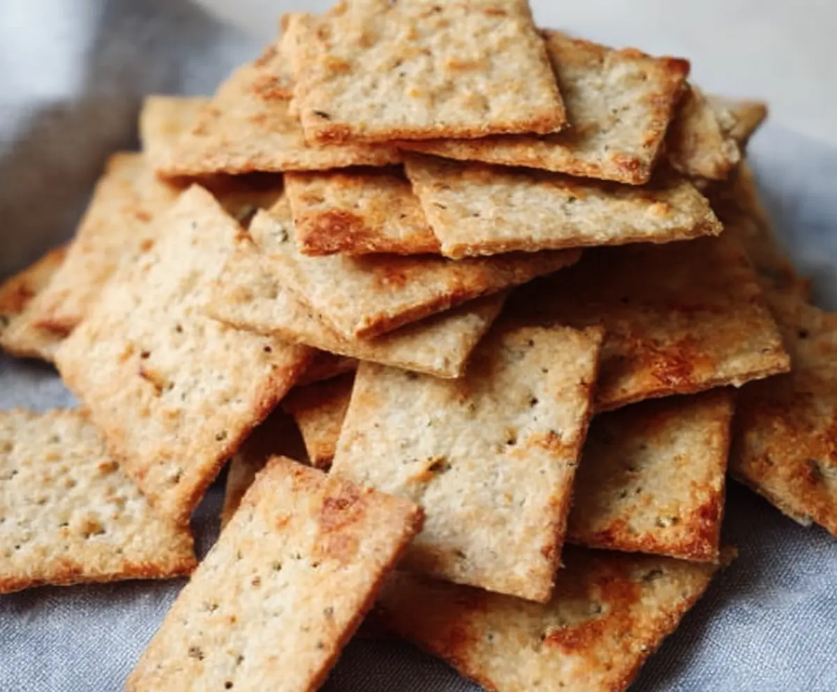 Golden crispy rispy sourdough discard crackers on a wooden board, perfect for snacking or cheese pairing.