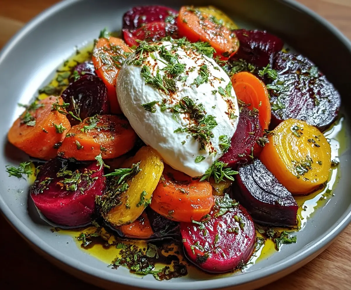 Colorful roasted beets and carrots salad topped with creamy burrata cheese and fresh herbs.