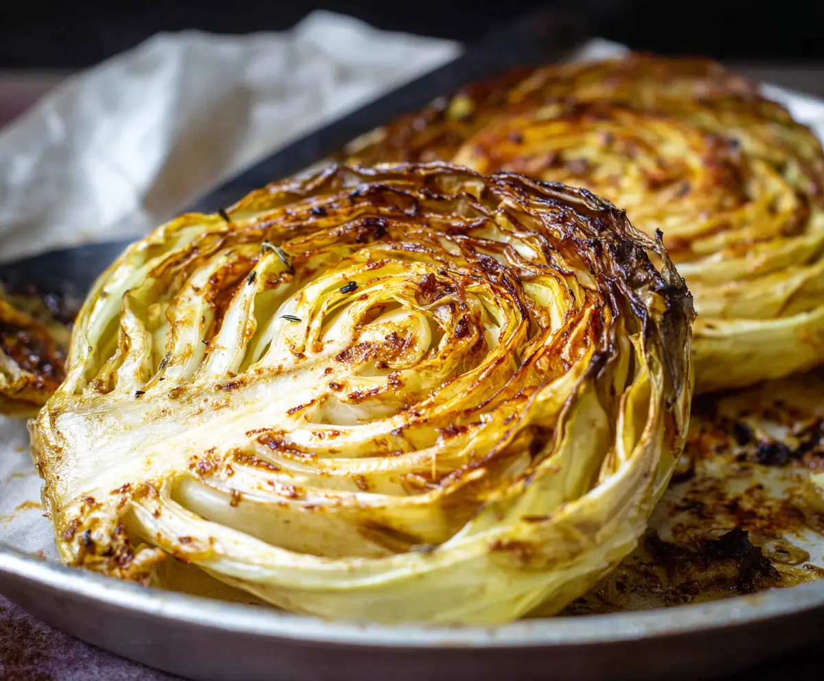Delicious roasted cabbage steaks garnished with herbs on a baking tray.