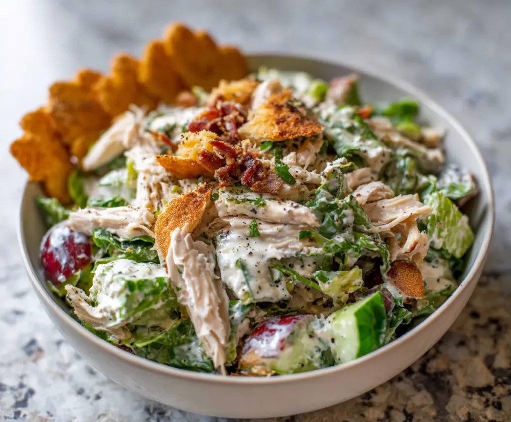 Delicious rotisserie chicken salad with fresh greens and colorful vegetables served in a bowl.