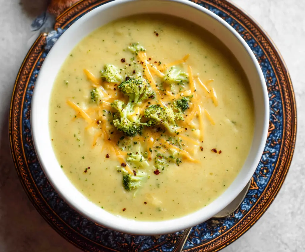Hearty savory cheddar broccoli potato stew served in a bowl, highlighting cheesy, comforting ingredients.