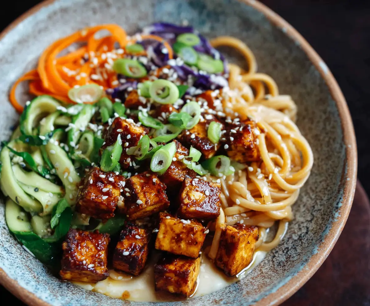 Sesame noodle tofu bowls with fresh vegetables and green garnishes, perfect for a healthy lunch or dinner.