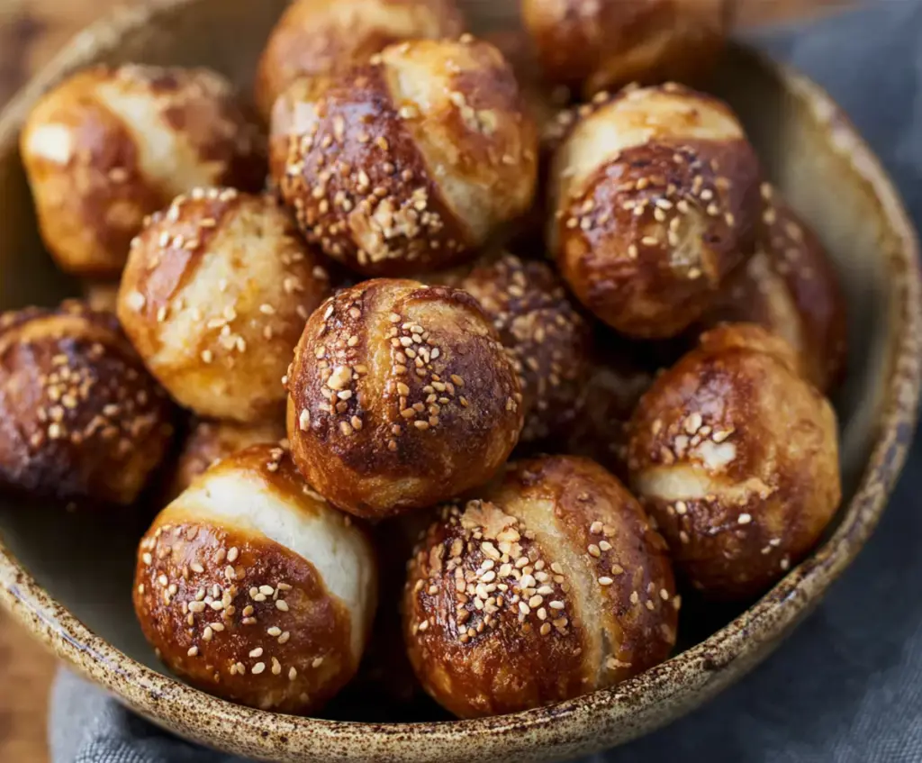 Golden-brown sourdough discard soft pretzel bites served with dipping sauces on a rustic plate.
