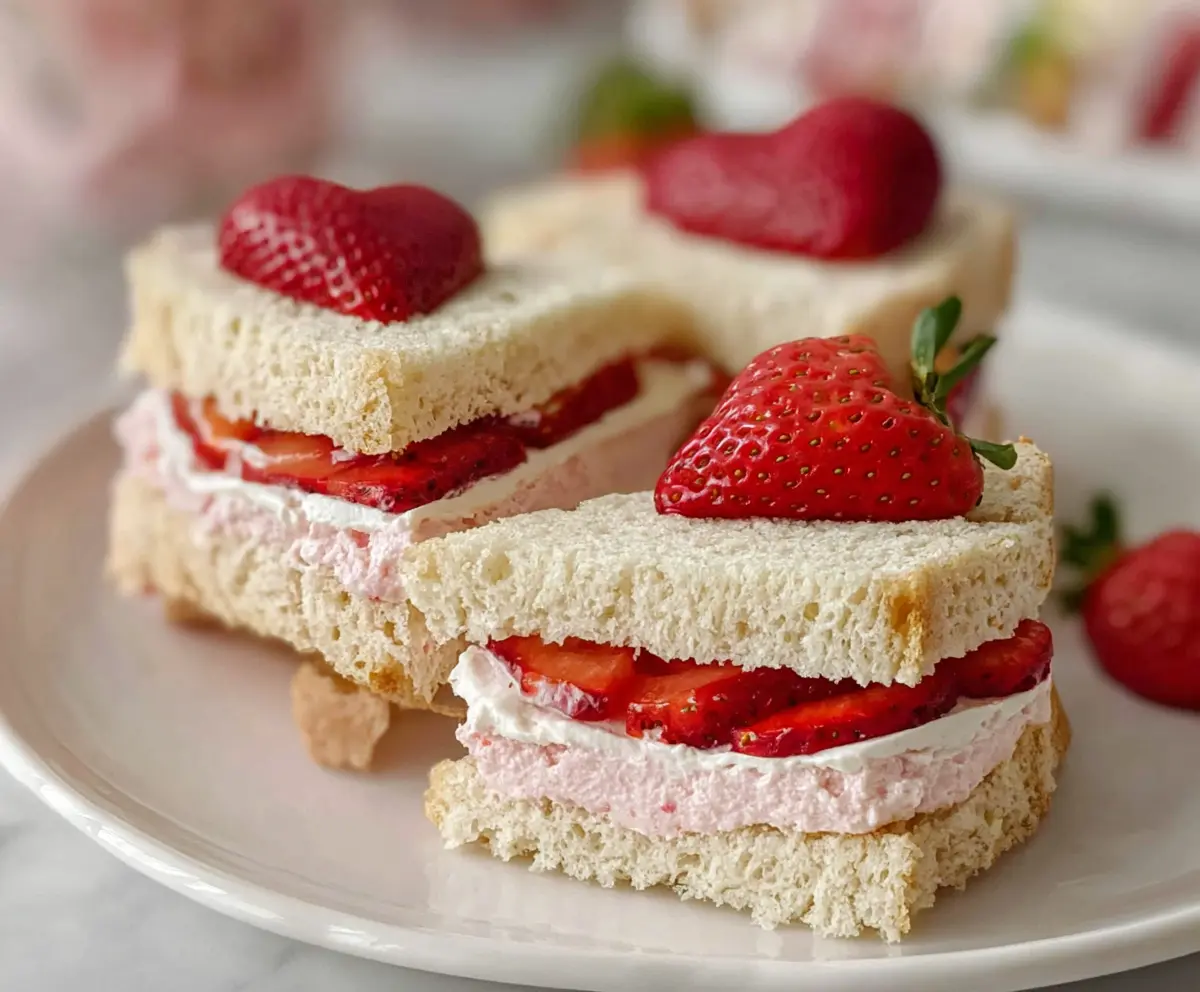 Delicious strawberry cream cheese tea sandwiches on a serving platter, perfect for afternoon tea gatherings.