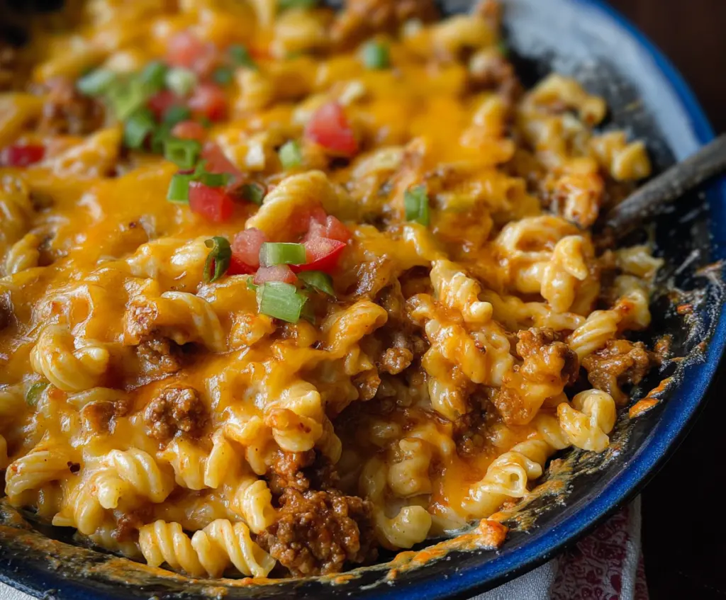 Delicious Taco Mac and Cheese loaded with seasoned ground beef, melted cheese, and crispy taco toppings.