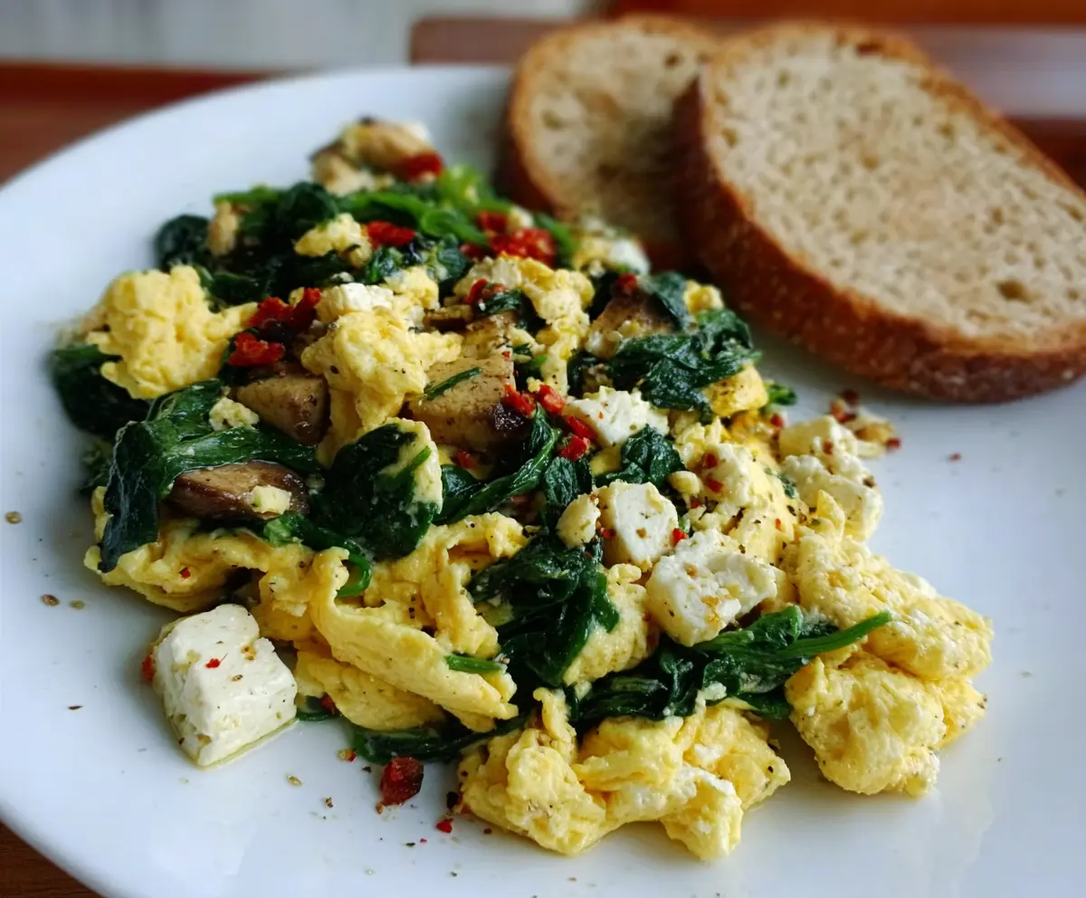 Delicious tofu and spinach breakfast scramble topped with feta cheese, perfect for a healthy morning meal.