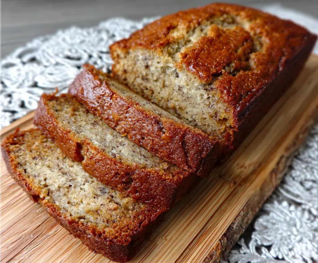 Delicious ultra-moist homemade classic banana bread fresh out of the oven.