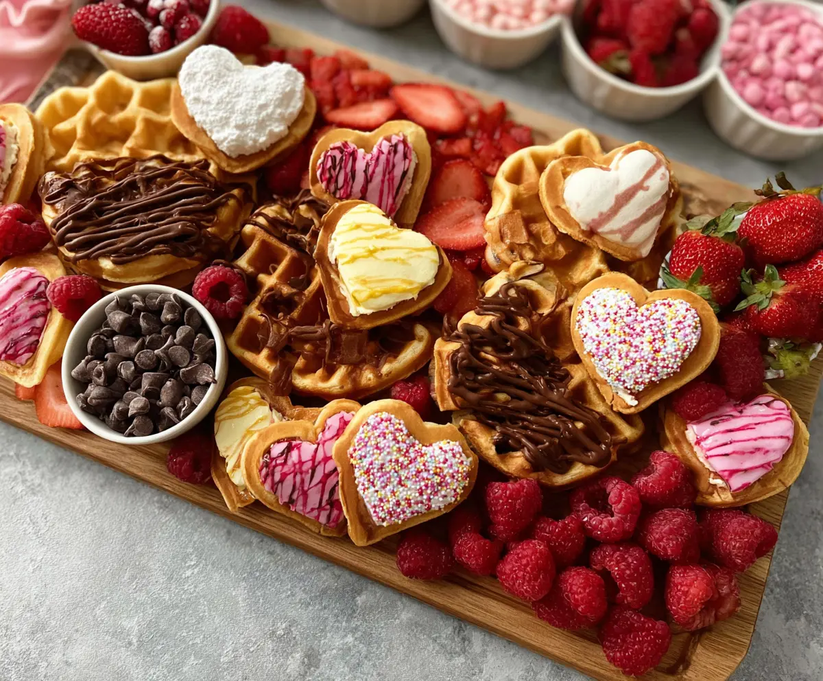 Delicious Valentine's Day waffle board with strawberries, chocolates, and whipped cream for a romantic breakfast or dessert.