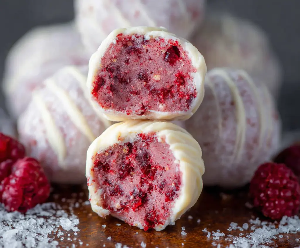 Delicious white chocolate raspberry truffles with fresh raspberries and a smooth, creamy appearance.