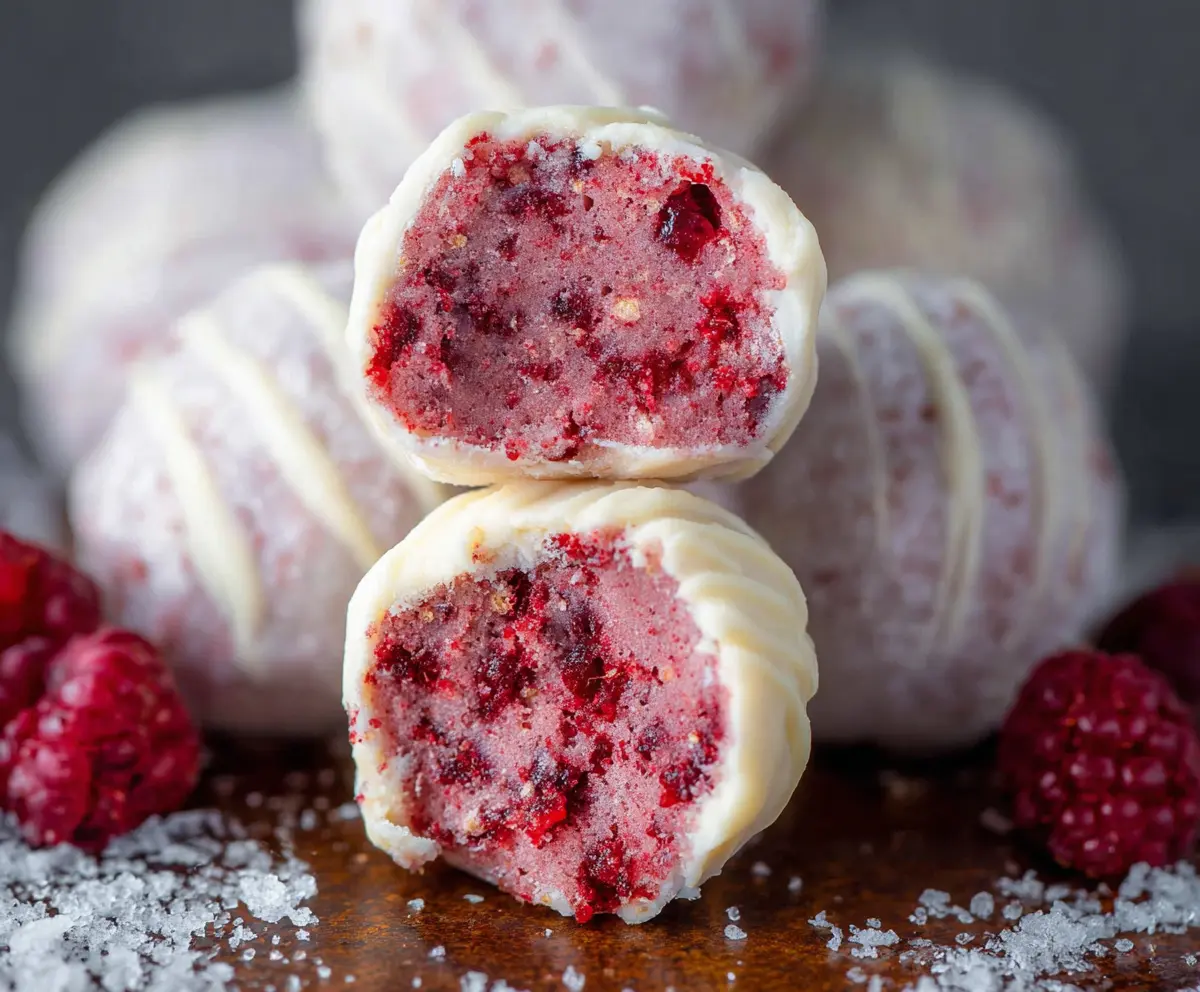 Delicious white chocolate raspberry truffles with fresh raspberries and a smooth, creamy appearance.