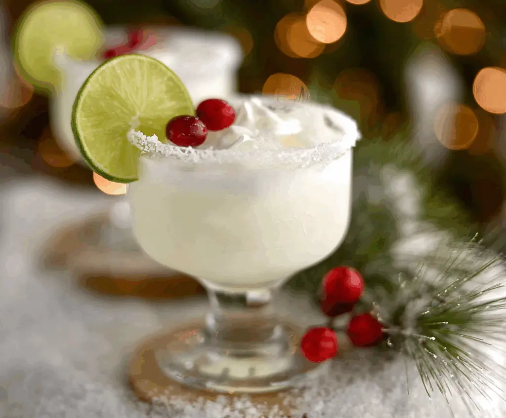 Refreshing White Christmas Margarita in a glass garnished with a lime wedge, perfect for holiday celebrations