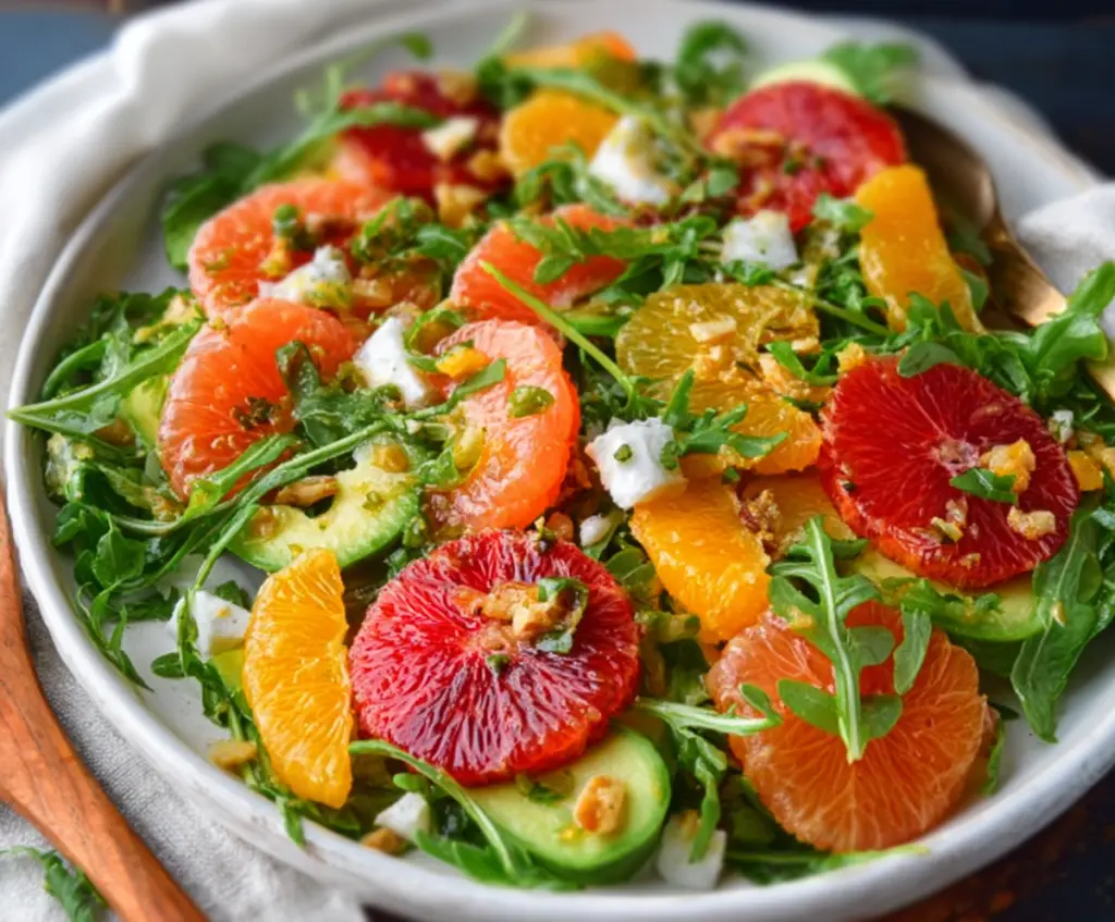 Fresh winter citrus and peppery arugula salad topped with pomegranate seeds and feta cheese.