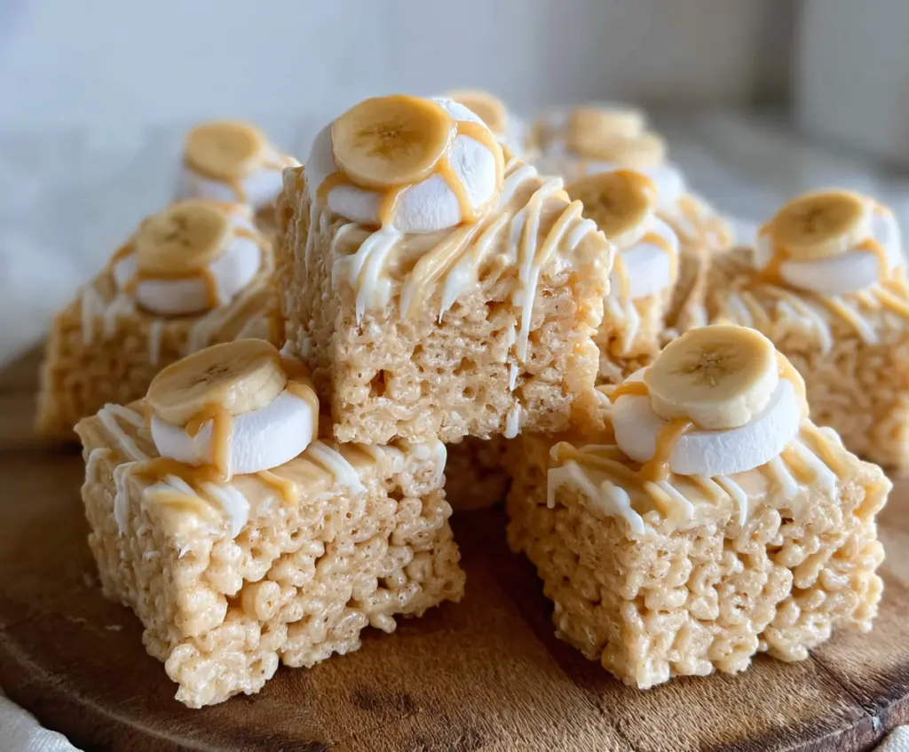 Delicious Banana Pudding Rice Krispie Treats with creamy banana slices and crispy cereal topped with whipped cream.