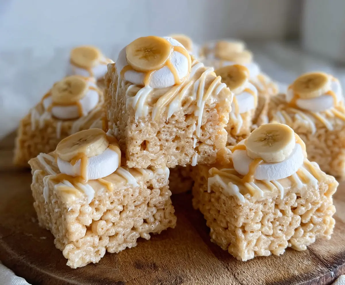 Delicious Banana Pudding Rice Krispie Treats with creamy banana slices and crispy cereal topped with whipped cream.