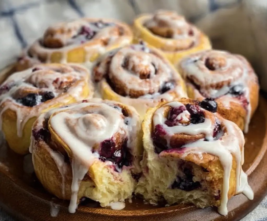Fresh Blueberry Lemon Sourdough Sweet Rolls on a plate, garnished with lemon slices and blueberries.