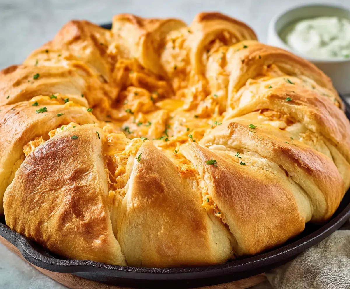 Delicious Buffalo Chicken Crescent Roll Ring with spicy sauce and melted cheese